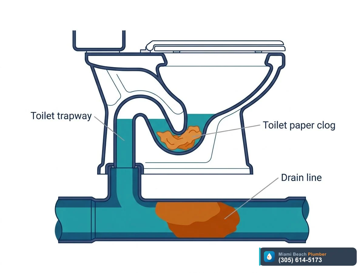 Cutaway diagram of a toilet trapway and drain line showing where common clogs form