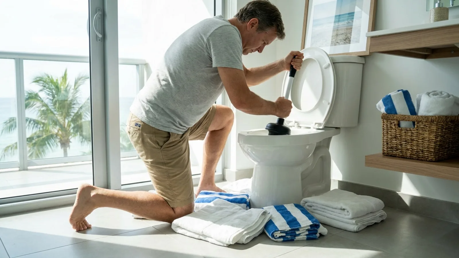 Homeowner using a plunger to unclog a toilet in a modern bathroom