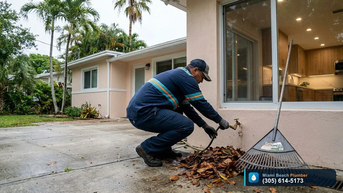 Miami homeowner clearing outdoor drain and checking plumbing as part of a hurricane season plumbing checklist