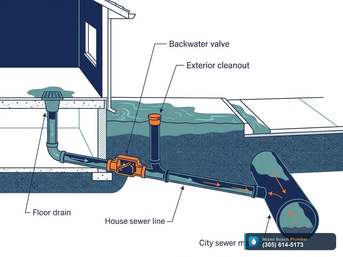 Cutaway diagram showing how a backwater valve and cleanout protect a Miami homeβs sewer line from hurricane flooding