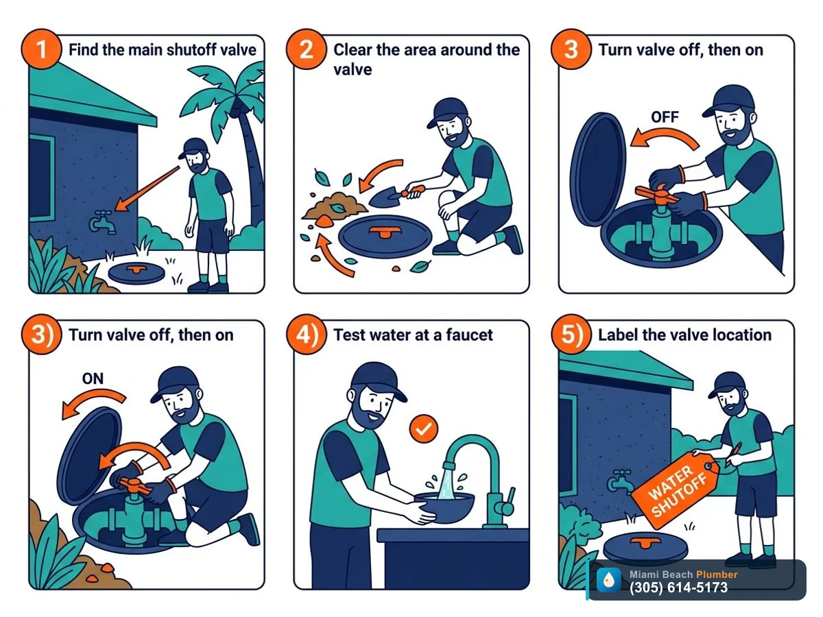 Step diagram showing how to locate and test a main water shutoff valve before a hurricane in Miami