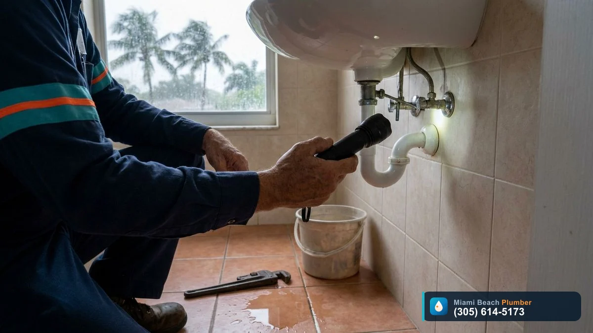 Homeowner in Miami inspecting plumbing under a sink for leaks after a hurricane