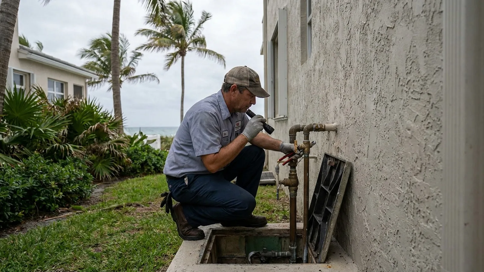Miami plumber inspecting outdoor plumbing and drains at a home before hurricane season