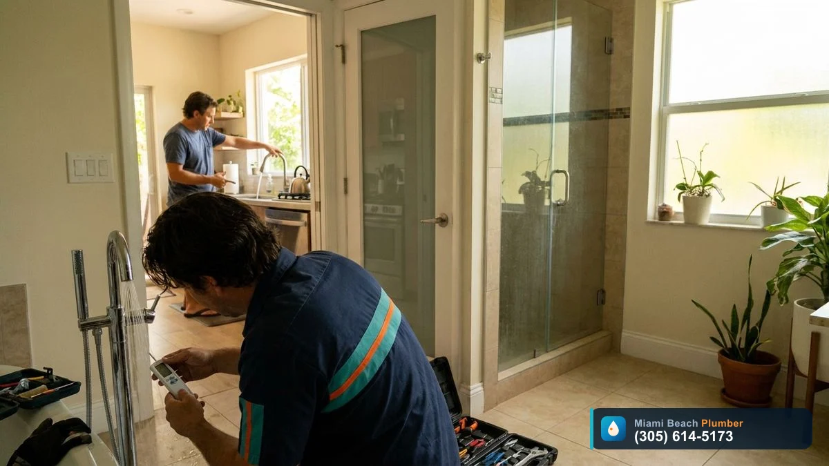 Homeowner in a Miami house testing multiple faucets for no hot water during troubleshooting