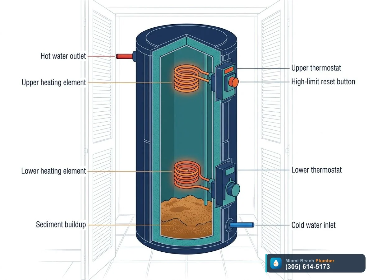 Cutaway view of an electric water heater illustrating parts that can fail and cause no hot water