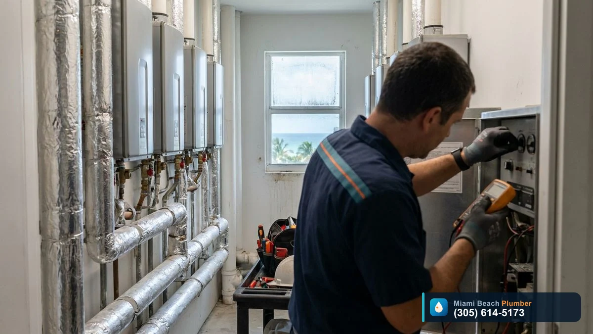 Maintenance worker inspecting tankless and boiler piping in a Miami Beach condo mechanical area to diagnose hot water issues