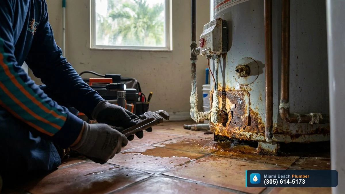 Mineral buildup and minor leak at the base of a water heater in a Miami home, a common cause of no hot water