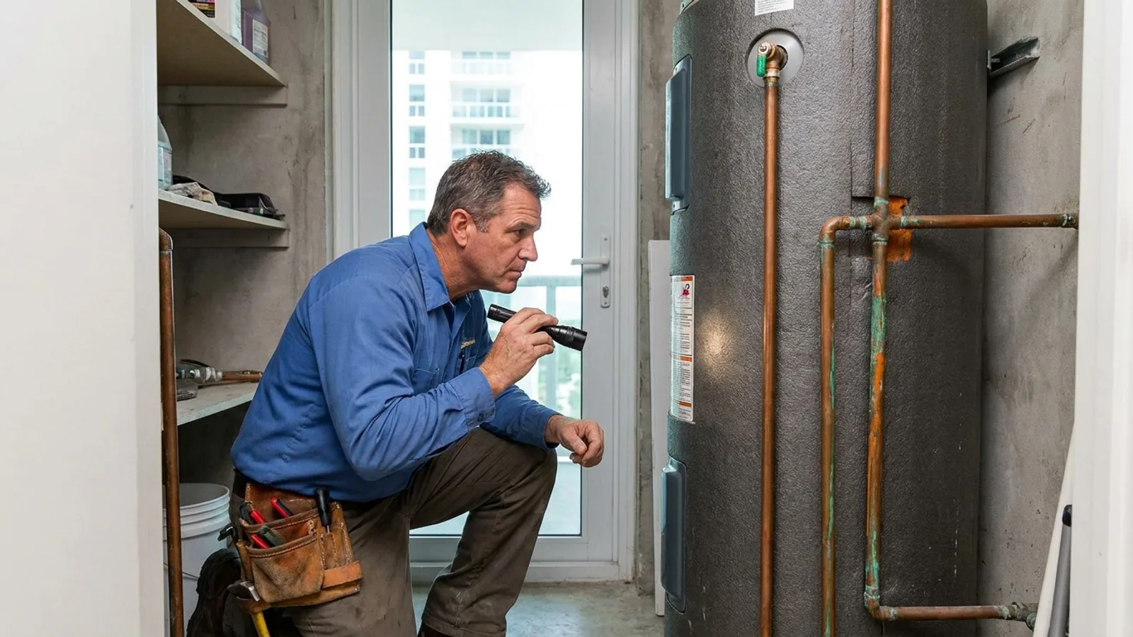 Miami plumber inspecting a water heater in a condo utility closet while diagnosing no hot water