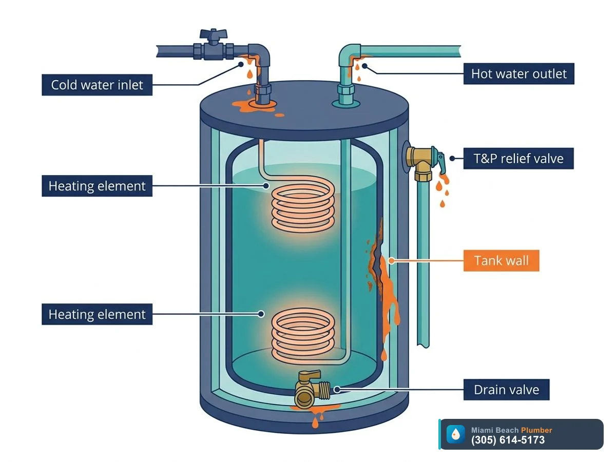 Cutaway of a tank-style electric water heater showing common leak points at the top fittings, T&P valve, drain valve, and corroded tank wall