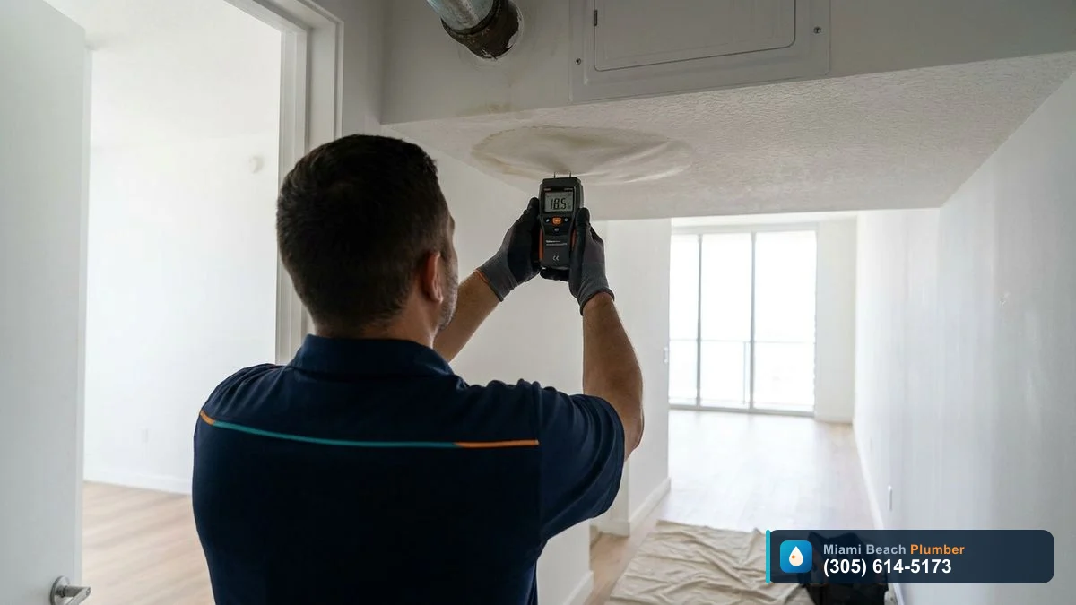 Plumber inspecting a water-stained condo ceiling caused by a leaking water heater in an upper unit