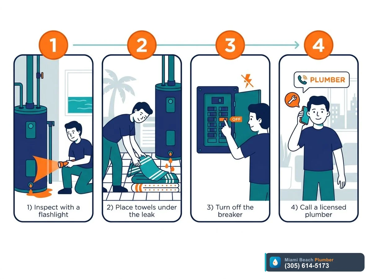 Step-by-step diagram of a Miami condo owner safely checking and securing a leaking water heater before the plumber arrives