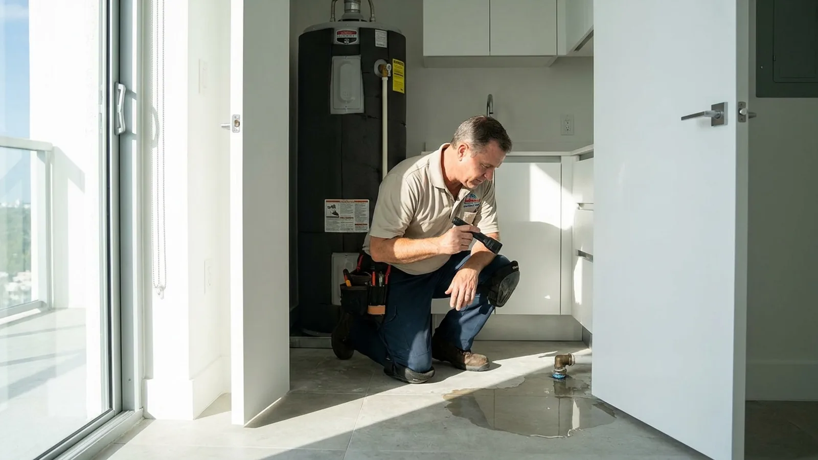 Licensed Miami plumber inspecting a leaking water heater in a condo utility closet