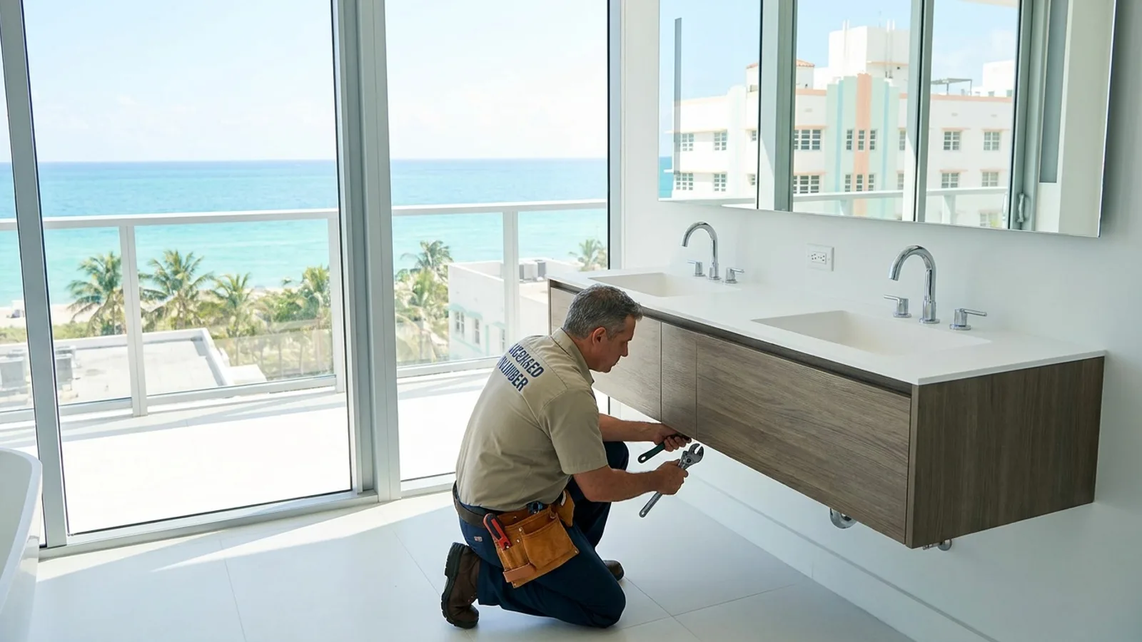South Beach plumber working in an Art Deco condo bathroom with oceanfront high-rises visible through the window