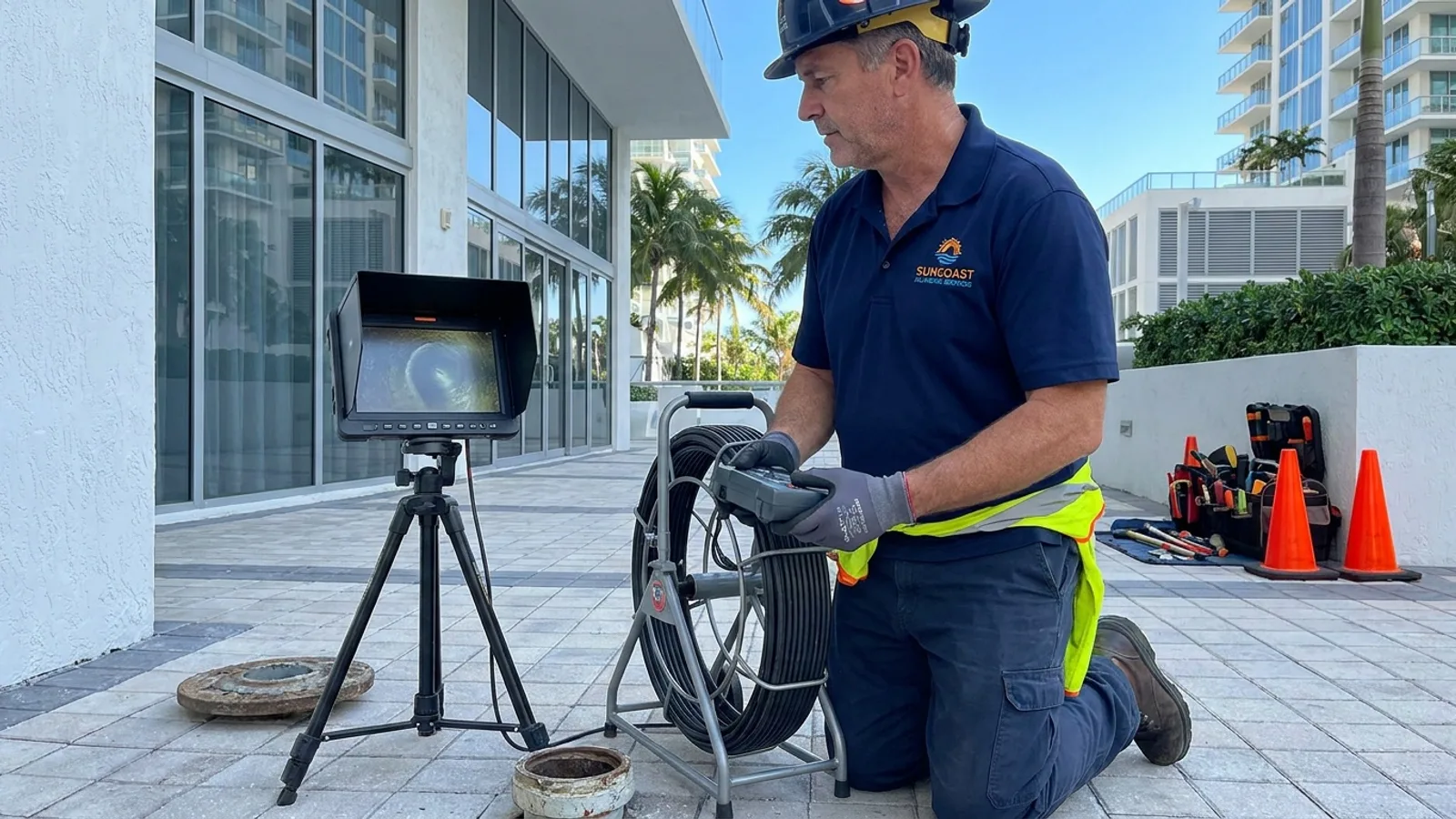 Licensed Miami plumber performing sewer camera inspection on a main sewer line at a Miami condo property
