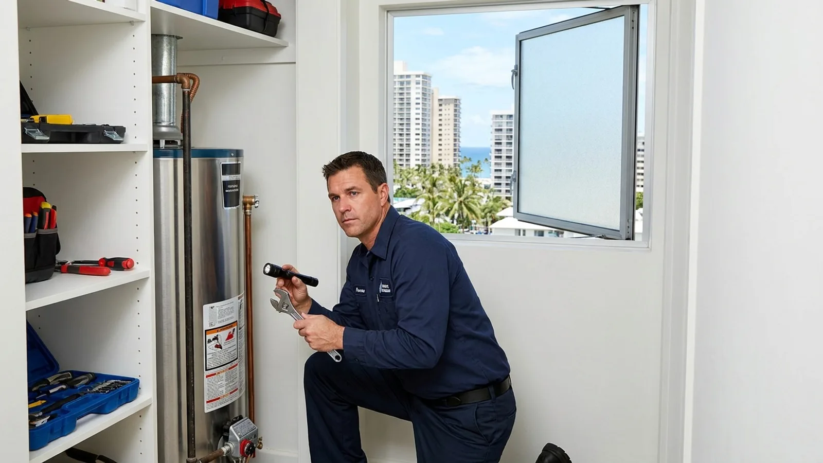 Licensed Miami plumber repairing a residential water heater in a modern Miami condo utility closet